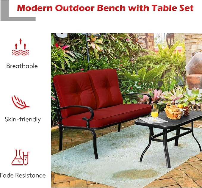 Giantex Patio Loveseat with Coffee Table Outdoor Bench with Cushion and Metal Frame, Loveseat Porch Furniture Set Sofa for Garden, Yard, Patio or Poolside (Deep Red & Black)