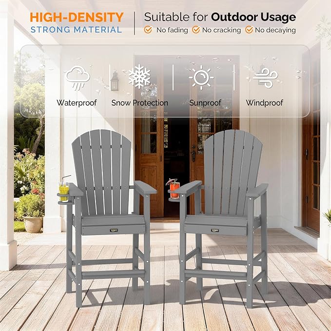 VINGLI Tall Adirondack Chair, All-Weather Plastic Adirondack Chair with Cup Holder Heavy-Duty Outdoor Barstools for - Photo 6
