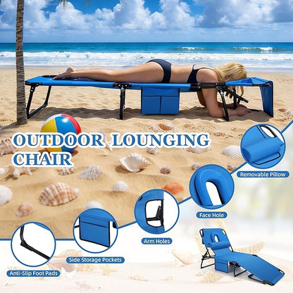 3-in-1 Sun Tanning Chair with Face Holes, Folding Chaise Lounge Chairs, 5-Position Adjustable Lounge Chair Outdoor with 2 Side Pocket & Pillow, for Pool Beach, Patio, Camping, Blue