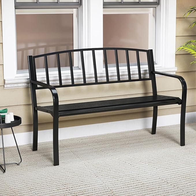 Tangkula Metal Outdoor Park Bench, 50 Inches Patio Garden Bench with Slatted Backrest and Curved Armrests, 2-3-Person Patio Bench, Outdoor Metal Loveseat Chair for Porch, Lawn, Yard and Park