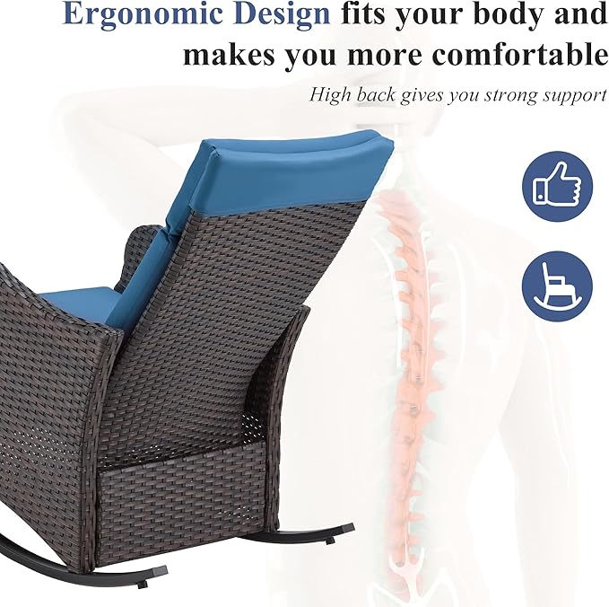 HOMREST Outdoor Recliners for Patio Set of 2, Wicker Rocking Chairs with Extended Footrest & Removable Cushion - Photo 6