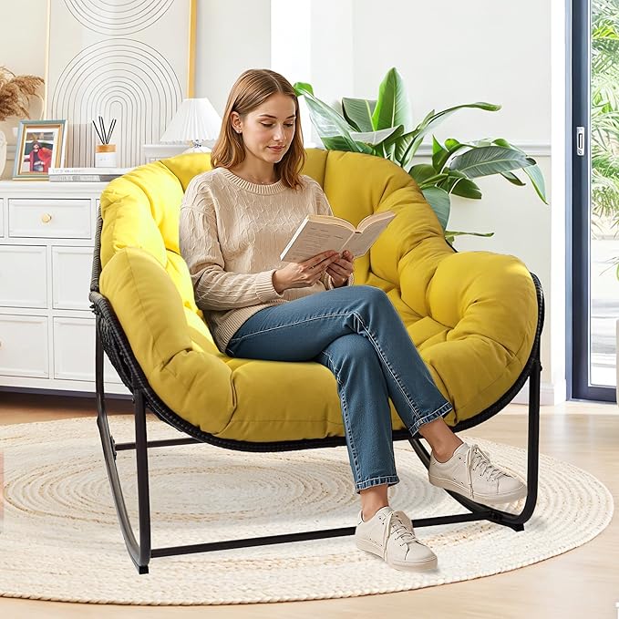 Papasan Rocking Chair Indoor & Outdoor, Oversized Egg-Shaped Papasan Rocker with Cushion & Pillow, All-Weather Wicker Patio Lounge Chair for Garden, Porch, Living Room (Yellow)