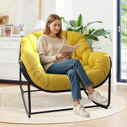 Papasan Rocking Chair Indoor & Outdoor, Oversized Egg-Shaped Papasan Rocker with Cushion & Pillow, All-Weather Wicker Patio Lounge Chair for Garden, Porch, Living Room (Yellow)