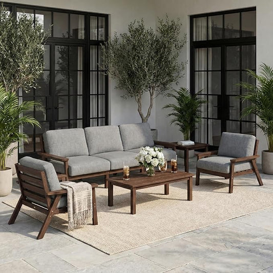 HDPE 5 Piece Patio Furniture Set, Outdoor Couch with Washable Thick Gray Cushions & Coffee Table & Side Table, Outdoor Sectional Furniture for Backyard, Deck, Lawn, Porch (Brown Frame)