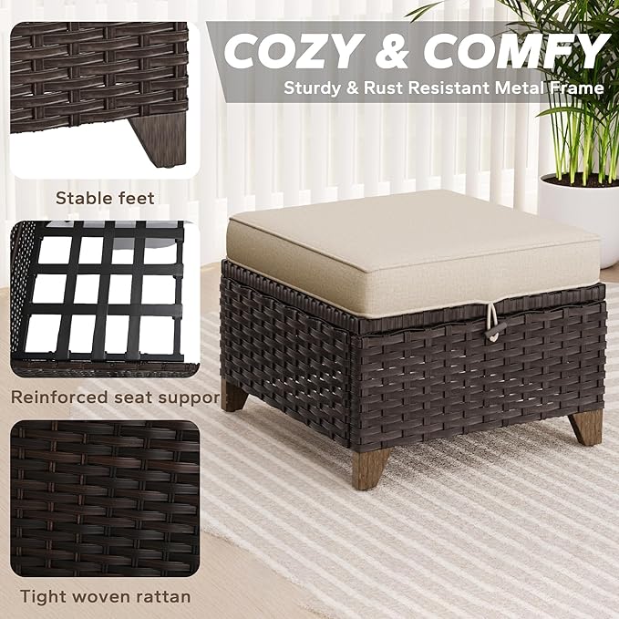 2 Pieces Patio All-Weather Wicker Ottomans with Cushions, PE Rattan Outdoor Conversation Furniture Set for Backyard - Photo 3