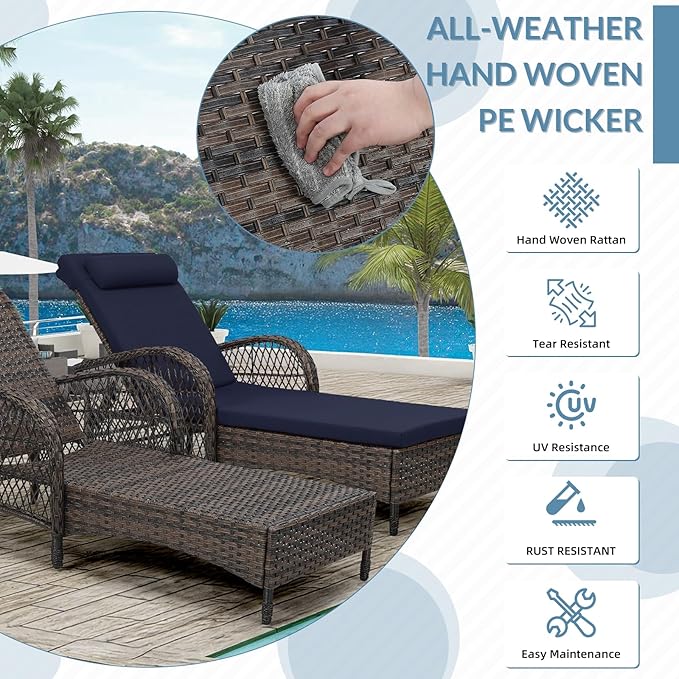 Outdoor Chaise Lounge Chair Set of 2, PE Wicker Recliner Patio Reclining Sunbathing Chair with Cushion - Photo 8
