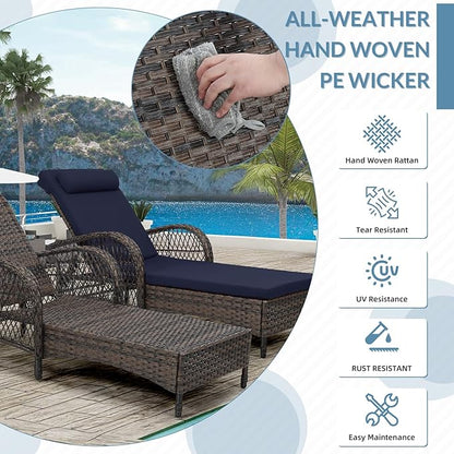 Outdoor Chaise Lounge Chair Set of 2, PE Wicker Recliner Patio Reclining Sunbathing Chair with Cushion, 6-Position Patio Lounge Chair with Adjustable High Backrest, Armrest & Pillow, Navy Blue