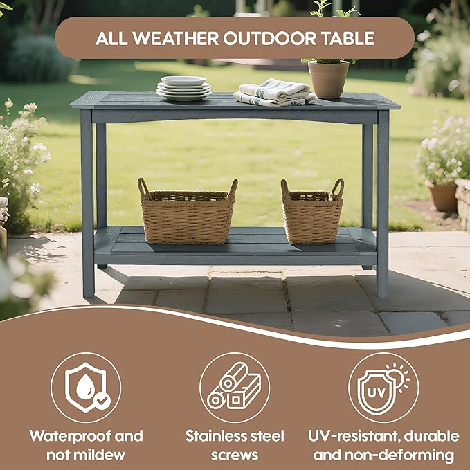 Weatherproof HIPS Outdoor Console Table, 48'' 2-Shelf Side Table Indoor/Outdoor Use, Multifunctional Buffet Table Bar Storage Organizer for Entryway, Patio, Outside Plant Stand Table, Grey