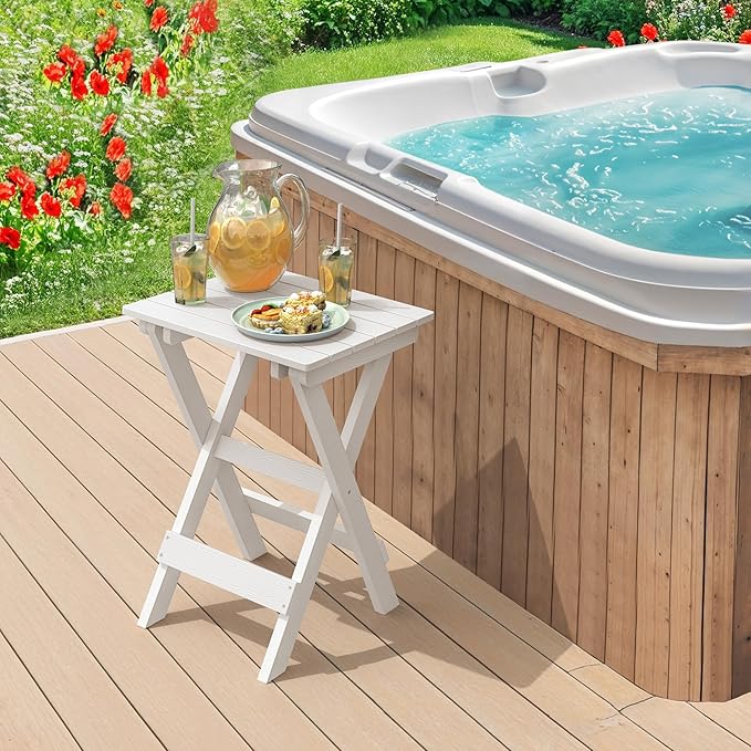 LUE BONA 27 inch Folding Side Table, HDPS Outside End Table for Patio, Porch, Deck, Pool, Weather Resistant, White - Photo 6