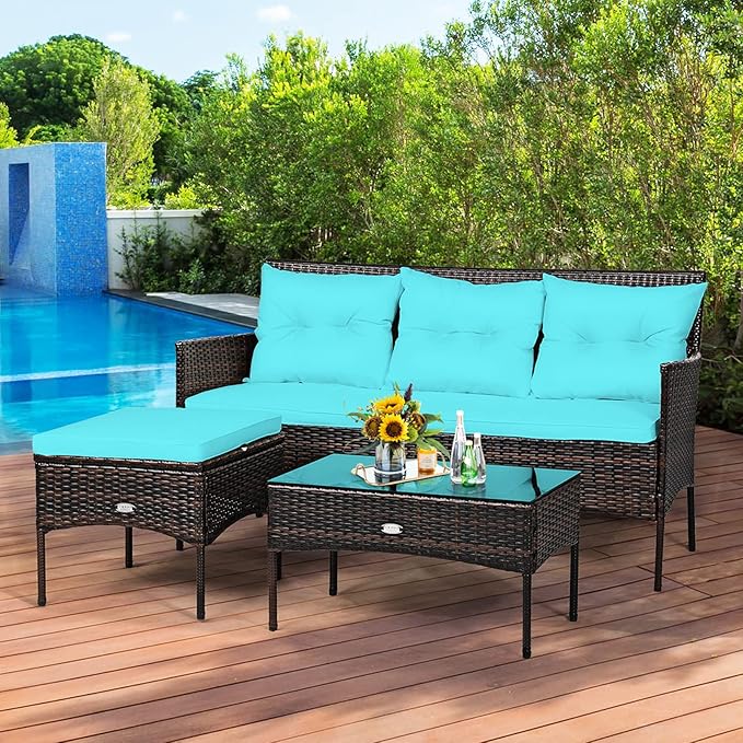 Tangkula 3 Pieces Patio Conversation Set, Outdoor PE Rattan Wicker Furniture Set W/Cozy Cushions - Photo 3