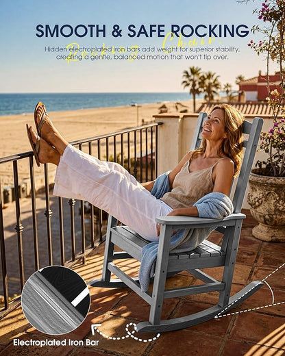 KINGYES HDPE Outdoor Rocking Chair Set of 4, All-Weather Patio Rocking Chair, Weather Resistant Porch Rocker for Adults, Light Gray