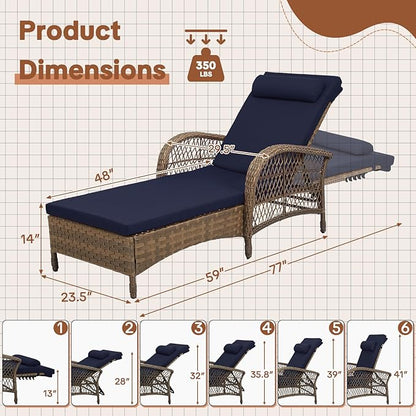 HOMEDIARY Outdoor Wicker Lounge Chair with Cushion, 6-Position Adjustable Patio Chaise Lounge, All Weather Lay Flat Pool Sunbathing Recliner Chair, Armrest and Head Pillow, Fade-Resistant, Navy Blue