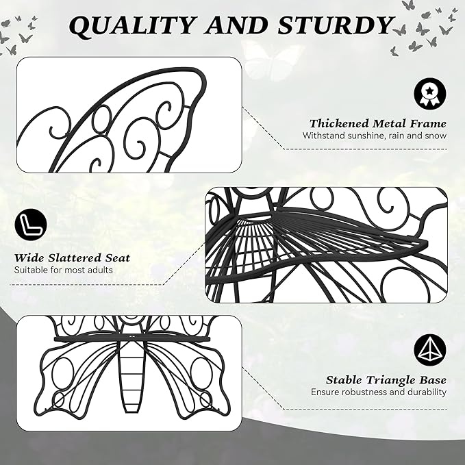 49 Inch Outdoor Bench, Black Garden Bench with Metal Frame, Weatherproof Butterfly Front Porch Benches for Lawn, Garden, Yard, Balcony