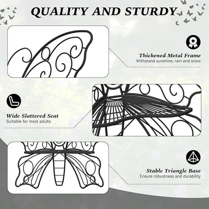49 Inch Outdoor Bench, Black Garden Bench with Metal Frame, Weatherproof Butterfly Front Porch Benches for Lawn, Garden, Yard, Balcony