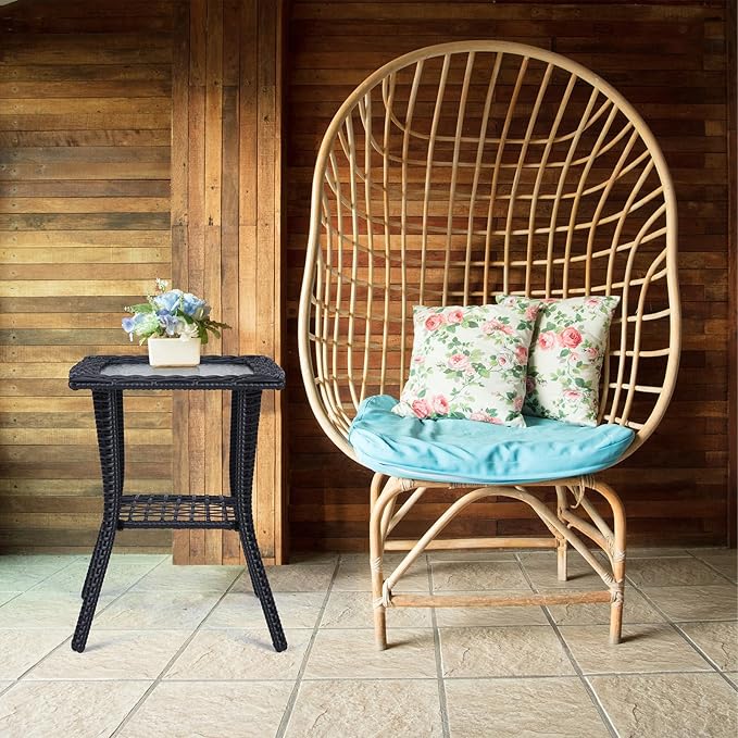 Outdoor Wicker Side Table, Rattan End Table with Glass Top - Photo 8