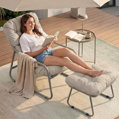 BULEXYARD 4" Thick Cushion Patio Lounge Chair, Heavy Duty Reading Chair with Ottoman, Breathable Mesh Outdoor Chair and Ottoman Set for Balcony Yard Garden Porch Poolside, Beige