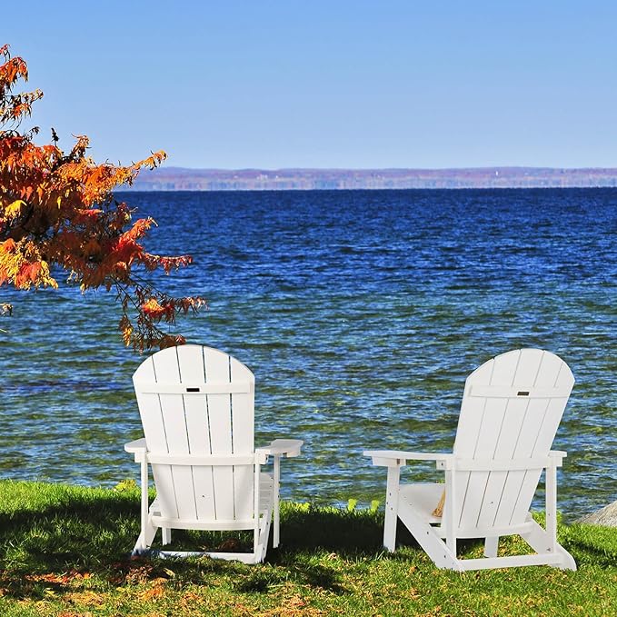Adirondack Chairs Set of 4, All Weather Resistant Plastic Chairs with Cup Holder, 5 Easy Steps to Install, Outdoor Chairs for Patio, Garden, Backyard Deck, Lawn, Fire Pit - White