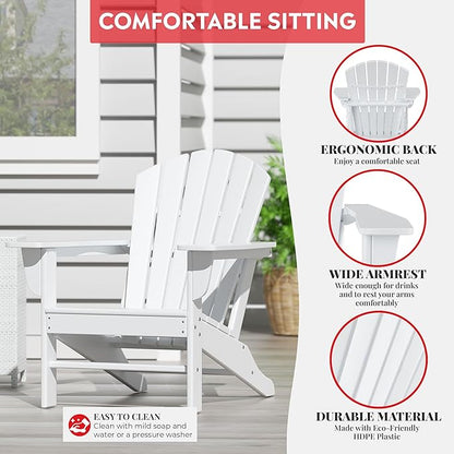 Costaelm Outdoor Adirondack Chair, HDPE Patio Chair, Weather Resistant Lawn Firepit Outside Chairs for Porch, Poolside, Garden, Backyard Deck, White