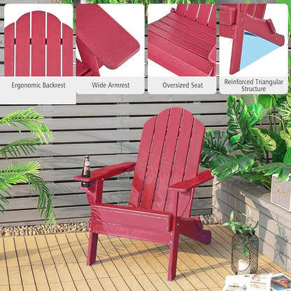 Giantex Adirondack Chair, Outdoor Folding Chairs, HDPE Weather Resistant Patio Chair with Built-in Cup Holder, Lawn Chair for Yard, Balcony, Deck, Outside, Campfire, Plastic Fire Pit Chair (1, Red)