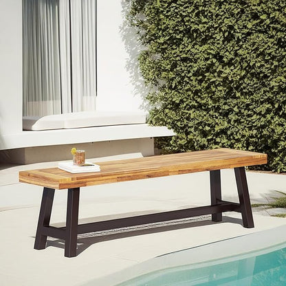 Merax Outdoor Acacia Wood Patio Bench, Garden Benches for Porch Park Yard Backyard Lawn, Brown+Black
