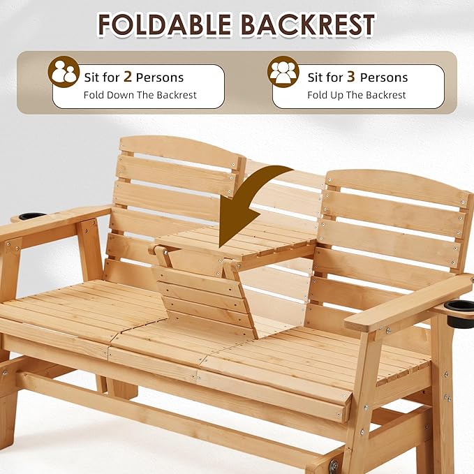 HOMREST Outdoor Glider Bench, Oversized Glider Bench with Foldable Seatback, Wooden Patio Glider Loveseat with High Back, Cupholders, Heavy Duty 800LBS Suitable for 3 Persons, Natural