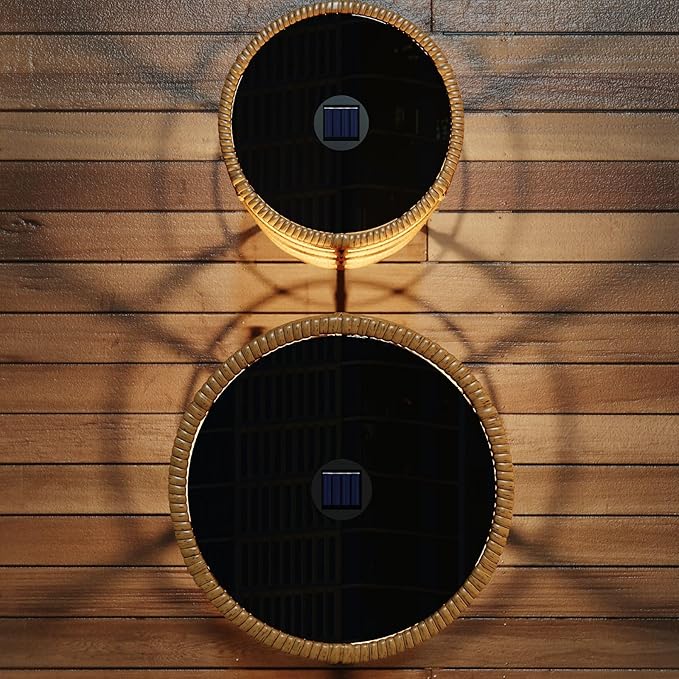 Lovinouse Rattan Round Side Table Set of 2, Small Circle Desk with Solar Lights and Tempered Glass Top,Weather-Resistant Wicker for Patio, Small Coffee End Table for Outdoor Living, Patio,Natural