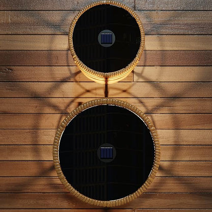 Lovinouse Rattan Round Side Table Set of 2, Small Circle Desk with Solar Lights and Tempered Glass Top,Weather-Resistant Wicker for Patio, Small Coffee End Table for Outdoor Living, Patio,Natural