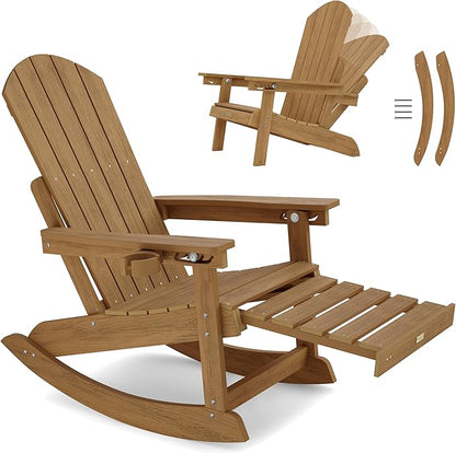 YEFU Adirondack Chairs with Retractable Ottoman: Oversize Adirondack Rocking Chairs - 5-Level Adjustable High Back - Outdoor Rocker with Cup Holder for Porch/Gardens/Lawn/Patio/Backyard/Walnut