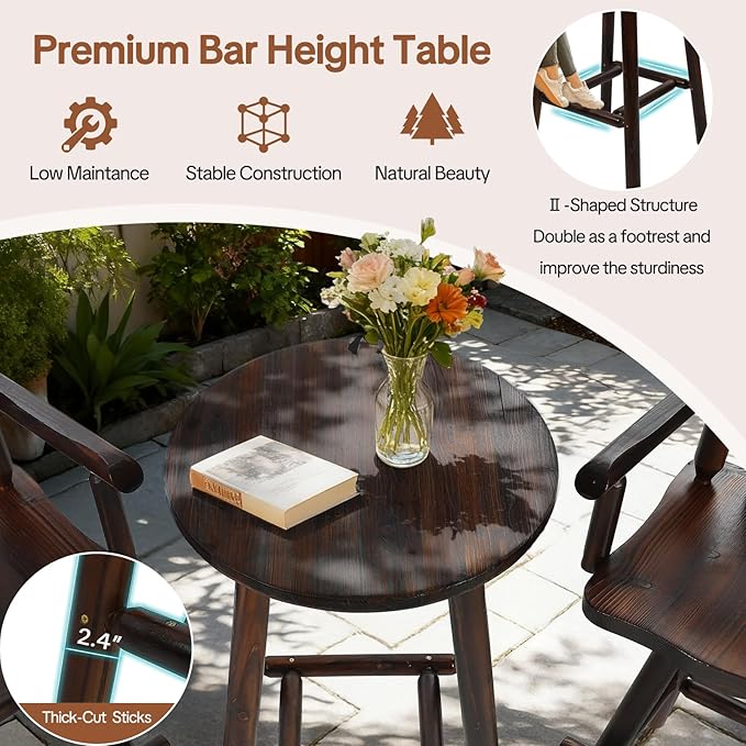 HOMEDIARY 3 Piece Outdoor Swivel Adirondack Bar Set, 41.9" Patio Log Bar Height Table & 2 Bar Stools with High Back - Photo 9