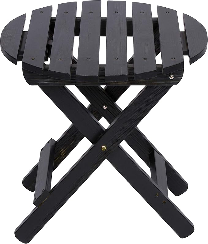 Shine Company Round Wooden Folding Solid Wood Side Table, Outdoor Adirondack Small Patio Table, Black