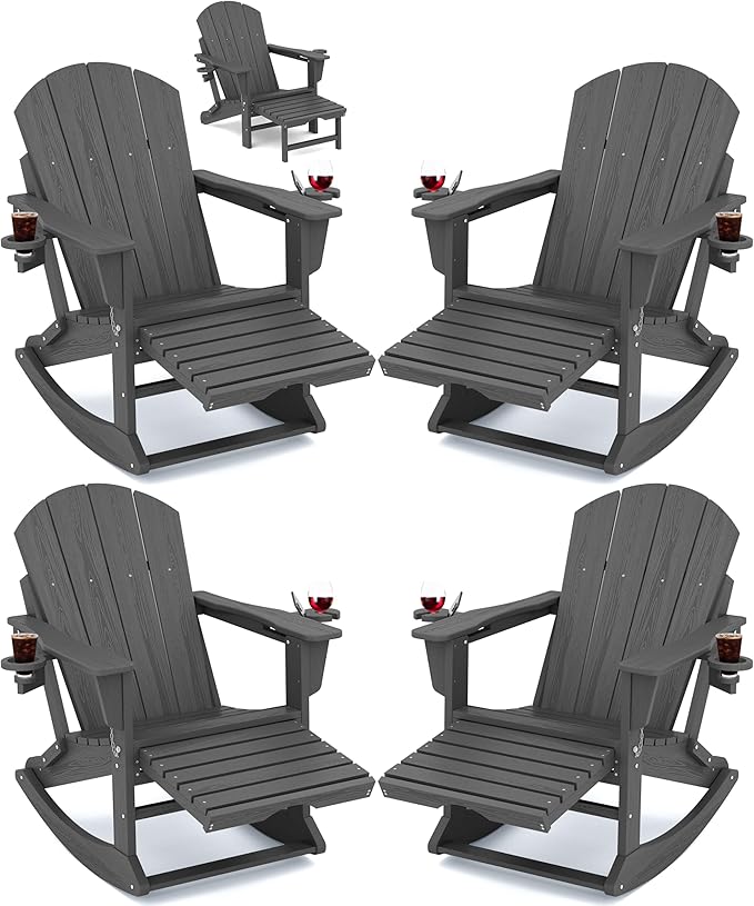 KINGYES Adirondack Rocking Chair Set of 4 with Retractable Ottoman and Cup Holders, HDPE Adirondack Rocker Patio Rocking Chair for Porch, Patio, Balcony, Leaden Grey