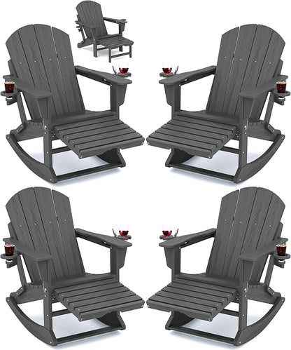 KINGYES Adirondack Rocking Chair Set of 4 with Retractable Ottoman and Cup Holders, HDPE Adirondack Rocker Patio Rocking Chair for Porch, Patio, Balcony, Leaden Grey