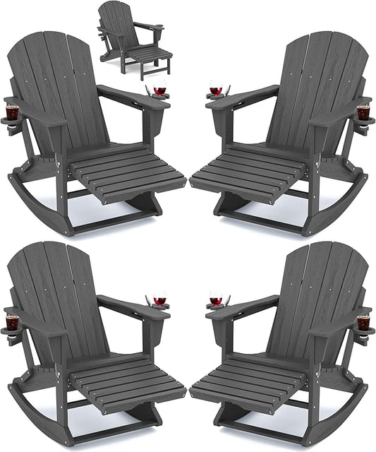 KINGYES Adirondack Rocking Chair Set of 4 with Retractable Ottoman and Cup Holders, HDPE Adirondack Rocker Patio Rocking Chair for Porch, Patio, Balcony, Leaden Grey