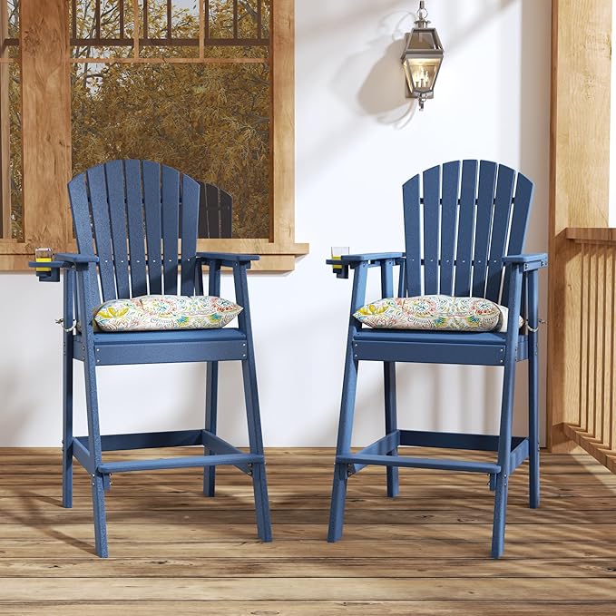 Sundale Outdoor Adirondack Bar Stool, Patio HDPE Bar Chair with Backrest, 30 Inch Seat Height Tall Bistro Dining Counter Stool with Cushion, All-Weather Pub Height Chair