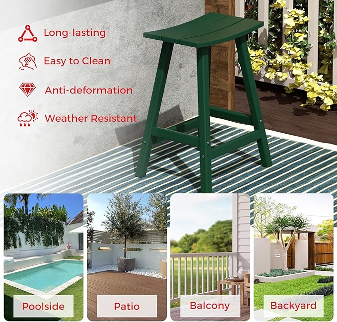 Costaelm All-Weather Bar Stools Set of 3, 24" Height Outdoor Bar Stools, Adirondack Poly Patio Bar Stool for Patio, Deck, Kitchen Counter and Garden, Dark Green