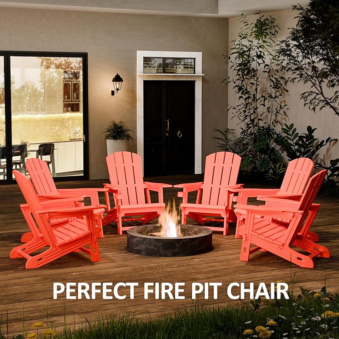 FONTOI Adirondack Chair, Outdoor Weather Resistant Lawn Furniture, Plastic Adirondack Chair with Cup Holder, 400 LBS Capacity Recliner, Garden Backyard Patio Without Screws Install, Orange