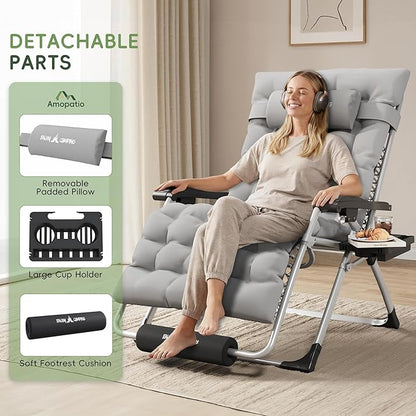 Amopatio Oversized Zero Gravity Chair Set of 2, 29in Reclining Camping Lounge Chair Upgraded Lock and Footrest, Cup Holder, Removable Cushion & Headrest Folding Patio Recliner