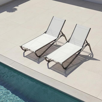 Lounge Chair Set of 2, Aluminum Chaise Lounge Outdoor, Lightweight Lounge Chairs for Outside with 5 Adjustable Backrest, Pool Lounger for Poolside, Beach, Balcony, Deck (White)