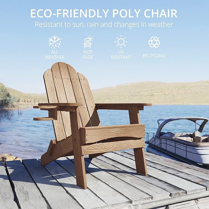 LUE BONA Folding Adirondack Chair Set of 5, HDPS Weather Resistant Patio Chair, 350lbs Heavy Duty, One-Step Folding for Balcony Garden, Wood Grain Texture, Outdoor Fire Pit Seating, Brown