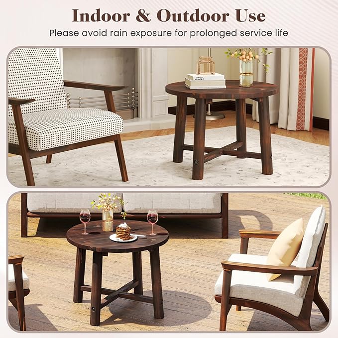 Tangkula Outdoor Side Table, Patio End Table with Solid Wood Structure, Small Round Coffee Table for Garden, Deck, Poolside & Indoors (2, Brown)