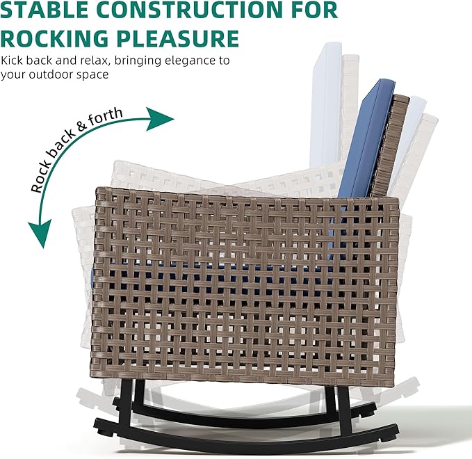 YITAHOME 3 Pieces Patio Wicker Rocking Chair Set, Outdoor Patio Furniture Set with Rattan Side Table, Thickened Cushions - Photo 4