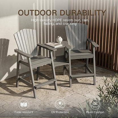 Kingdura Upgraded Tall Adirondack Chairs Set of 2, Weather Resistant HDPE Bar Height Outdoor Stools with Removable Double Connecting Trays, Wooden Grain for Patio, Balcony, Deck (Grey)