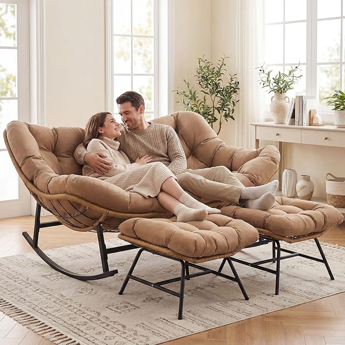NICESOUL Oversized Double Rocking Papasan Chair with Cushion, 2 Person Big Wicker Outdoor Comfy Recliner, Large Heavy Duty 700 lbs Loveseat for Patio, Balcony, Backyard