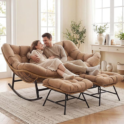 NICESOUL Oversized Double Rocking Papasan Chair with Cushion, 2 Person Big Wicker Outdoor Comfy Recliner, Large Heavy Duty 700 lbs Loveseat for Patio, Balcony, Backyard
