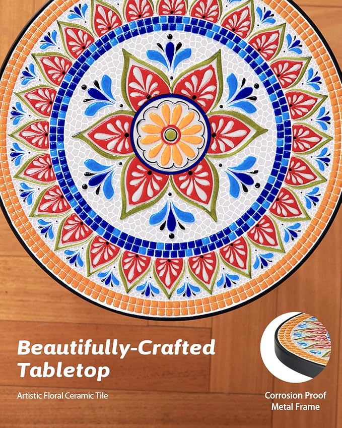 VONLUCE Outdoor Side Table and Mosaic Plant Stand, Round End Table with 14" Ceramic Tile Top for Patio Porch Decor, 21" Tall Indoor Outdoor Accent Table, Small Coffee Table for Home Garden, Ukrainian