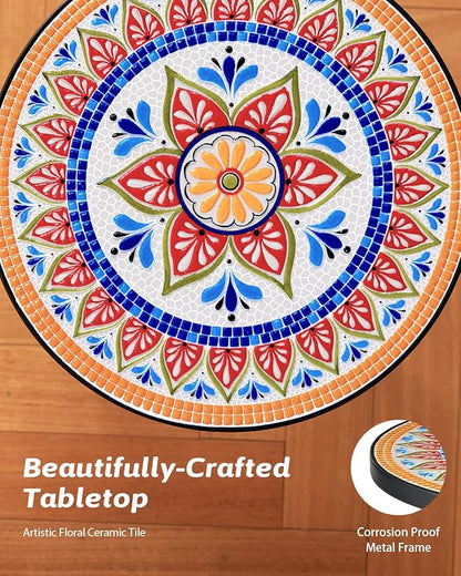 VONLUCE Outdoor Side Table and Mosaic Plant Stand, Round End Table with 14" Ceramic Tile Top for Patio Porch Decor, 21" Tall Indoor Outdoor Accent Table, Small Coffee Table for Home Garden, Ukrainian