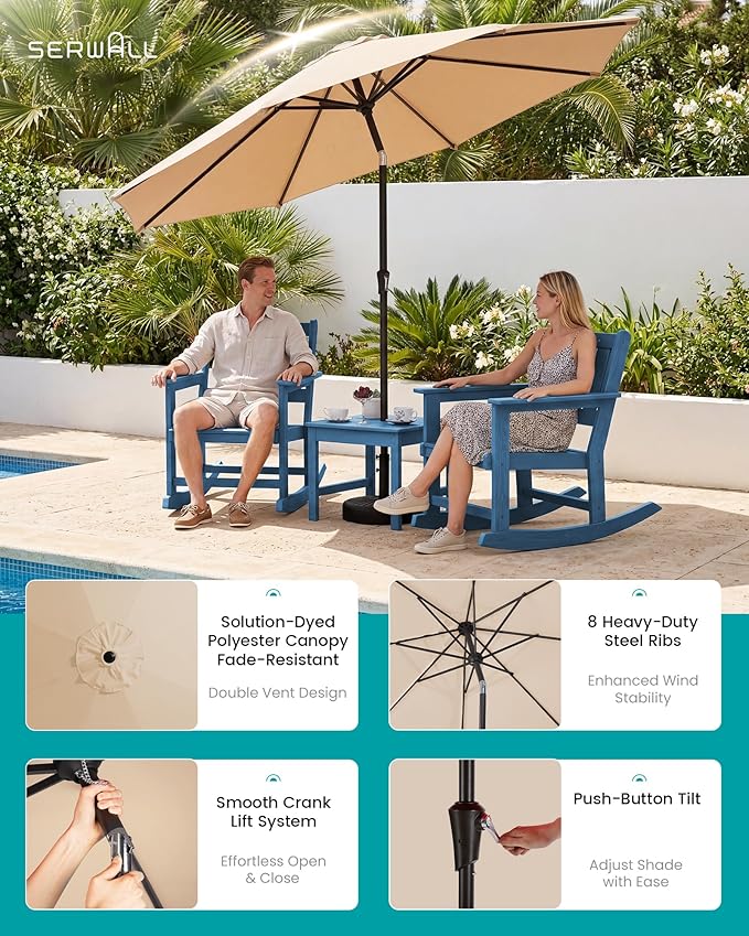 SERWALL Outdoor Rocking Chairs Set of 2 with 1 Side Table & 9ft Patio Umbrella - Photo 3