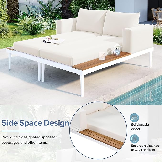 LUMISOL Outdoor Patio Daybed Metal Daybed with Cushions and Wood Topped Side Spaces for Drinks - Photo 6