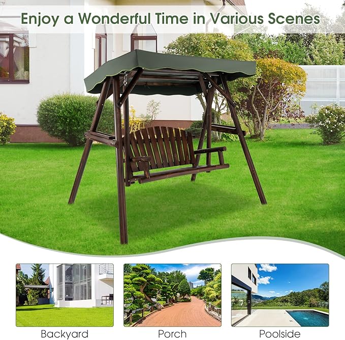 Tangkula Wooden Porch Swing, 2 Person A-Frame Outdoor Swing with Adjustable Canopy, Armrest, 2 Side Tables - Photo 8