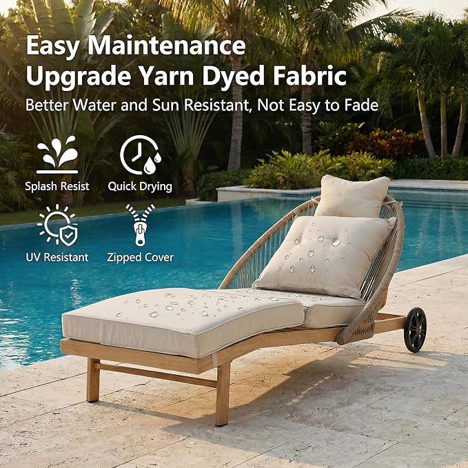 Patio Chaise Lounge Chairs Set of 2, Oversized Lounge Chair Outdoor with Cushions, Patio Lounge Chairs with Wheels, All Weather Wicker Outdoor Chaise Lounge Chairs for Outside/Deck/Yard, Khaki